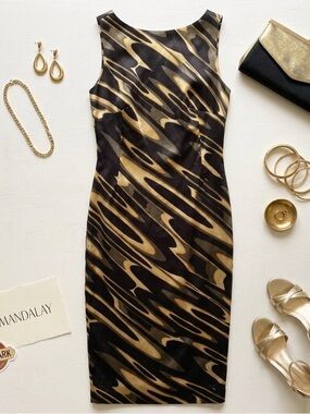 Mandalay 100% Silk Black and Gold Midi Sheath Dress